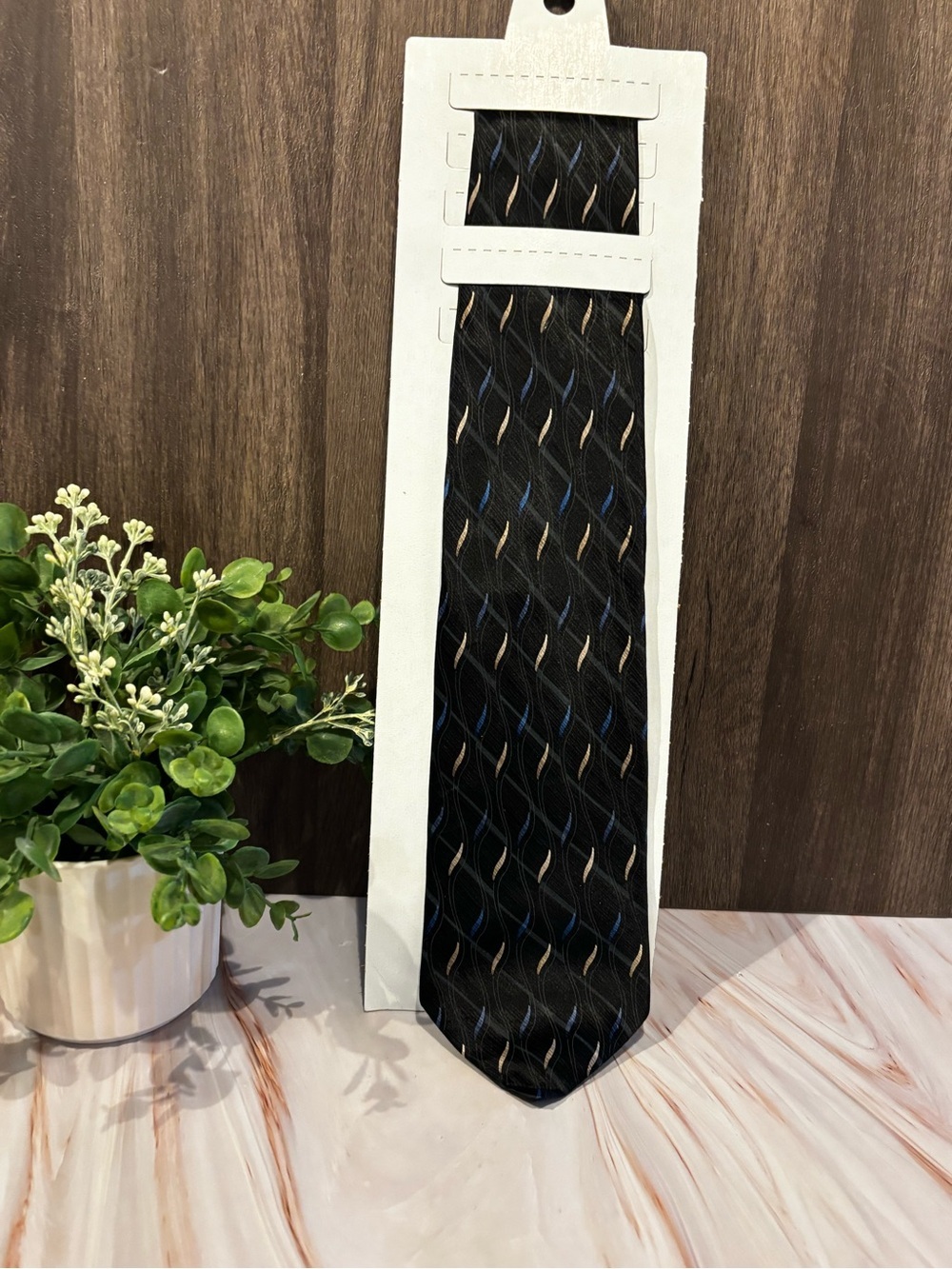 Puritan Black Tie with Blue and Tan Wave Motif